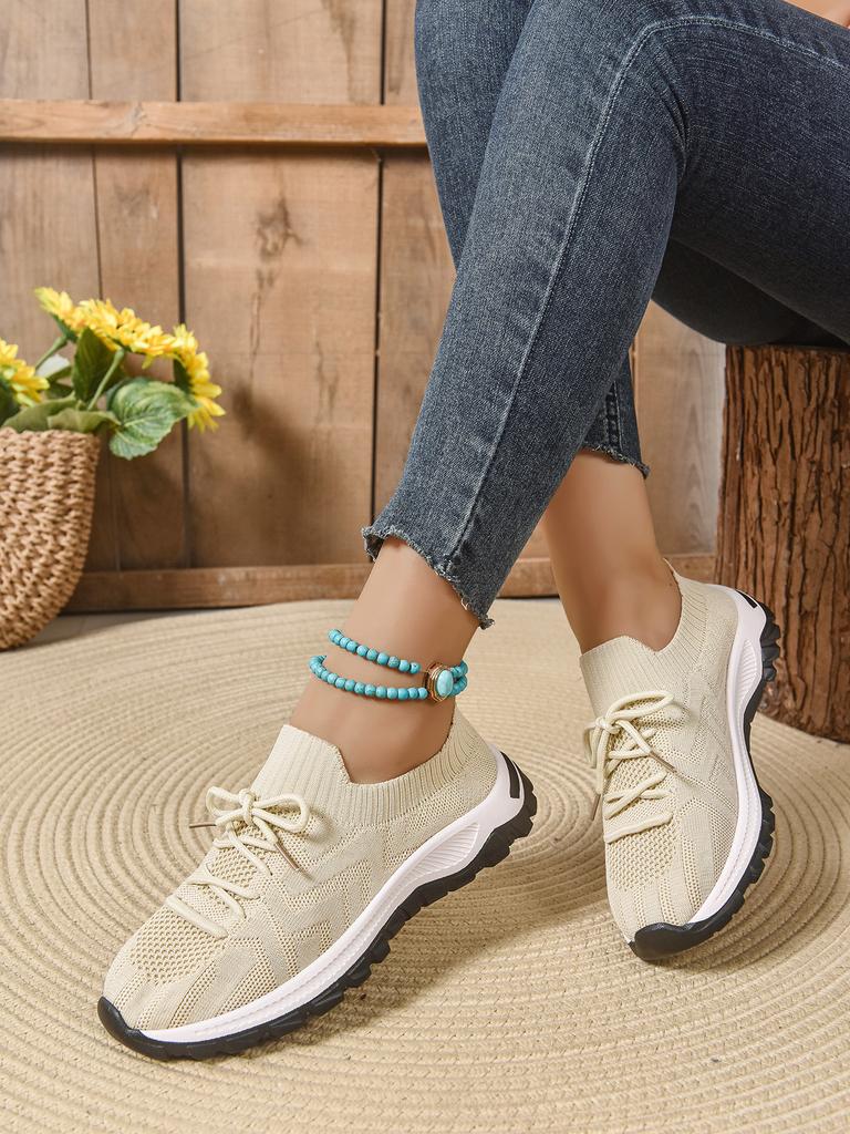 Fashion Ladies Outdoor Knitted 2025 New Women's Vulcanize Shoes Breathable Women Sneakers Mixed Colors Lace Up Casual Shoes Flats