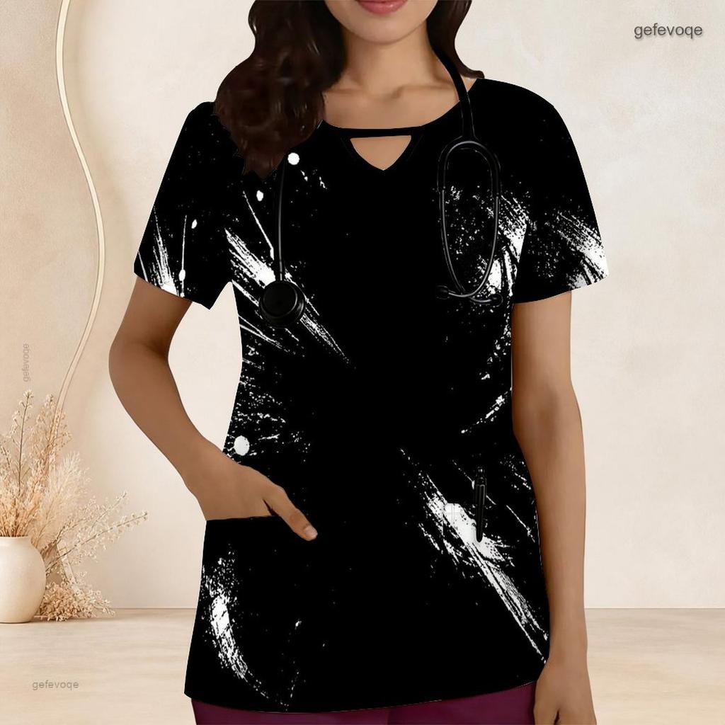 Women Plus Size Black Printed Keyhole Neck Short Sleeve Nurse Scrub Top With Front Pockets