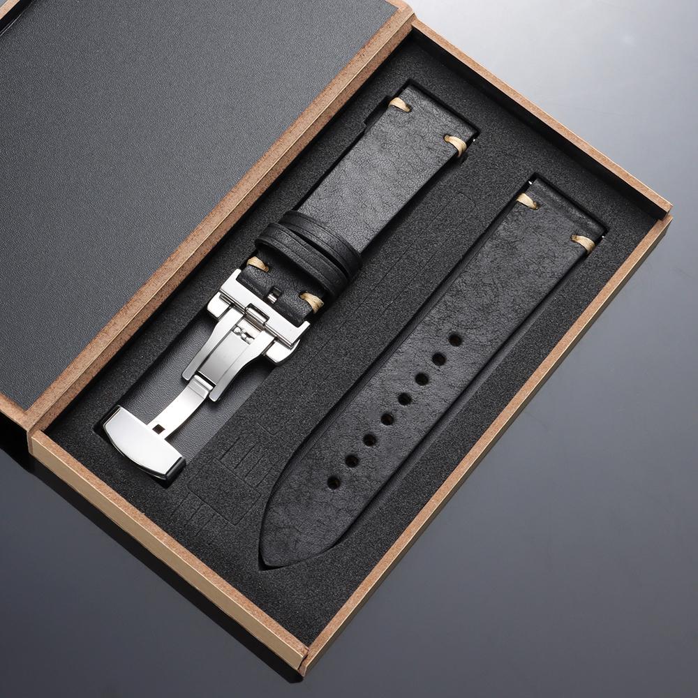 

Genuine Cowhide Watchband 18mm 19mm 20mm 21mm 22mm Watch Strap Automatic Butterfly Buckle Men Women Business with Box Wrist Belt 21mm