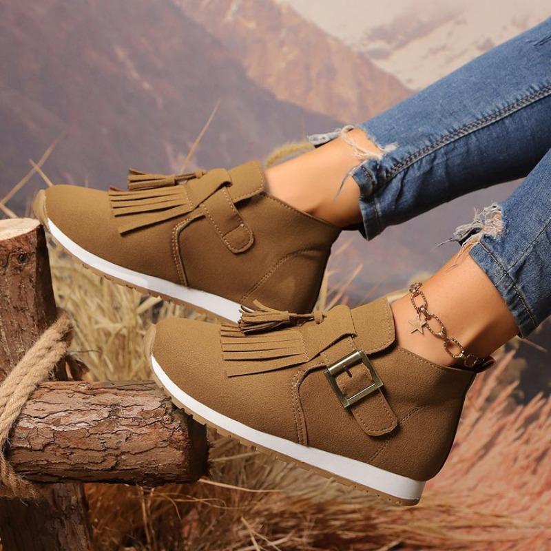 Large size tassel low heel casual single shoes women's autumn and winter new belt buckle suede versatile single shoes