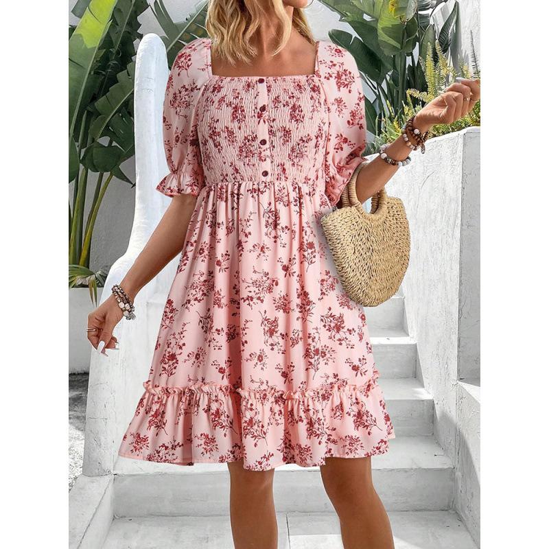 Women's Square Neck Puff Sleeve Printed Backless Loose Casual Midi Dress For Women