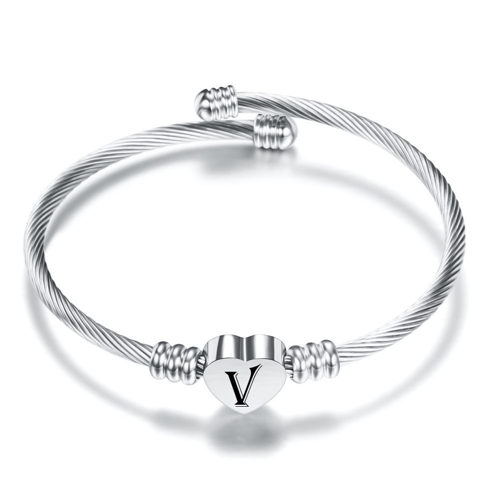 Simple 26-Letter Heart-Shaped Stainless Steel Bracelet
