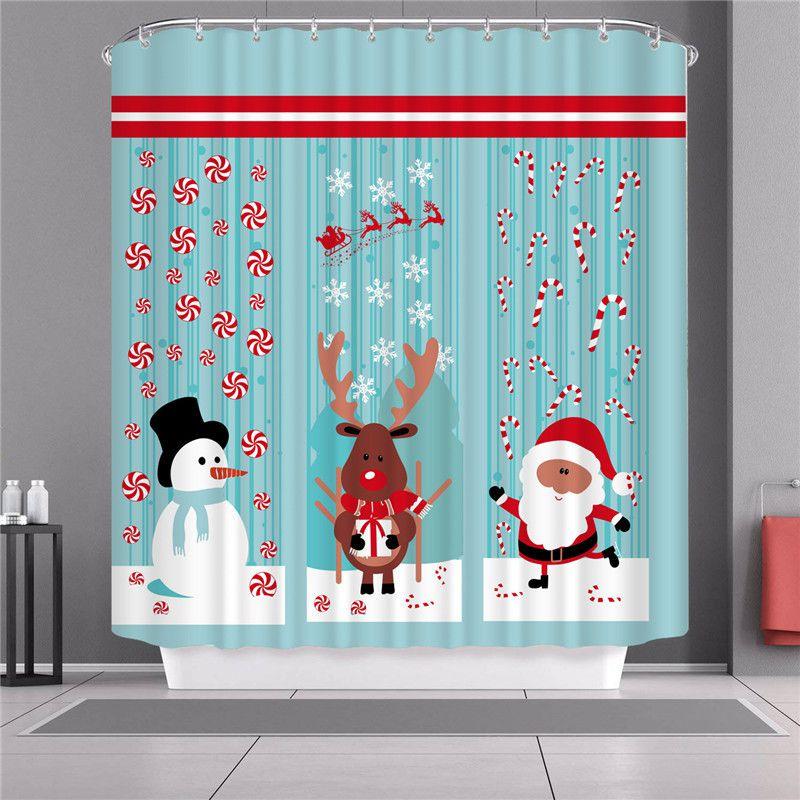 Curtain Shower Christmas With Hook Waterproof Fabric Bathroom Santa Xmas Claus