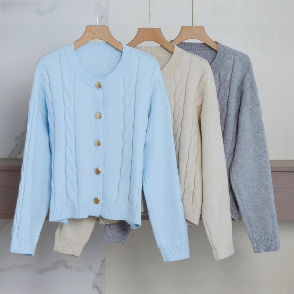 Autumn New Round Neck Twist Three-dimensional Twist Texture Knitted Cardigan Sweater Women