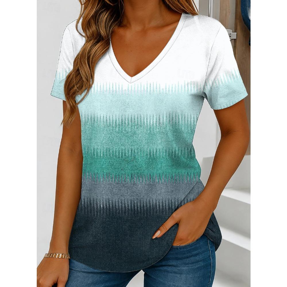 Women Summer T Shirt  Splicing Geometric Pattern Print Short Sleeve Tees Casual Printed Tops