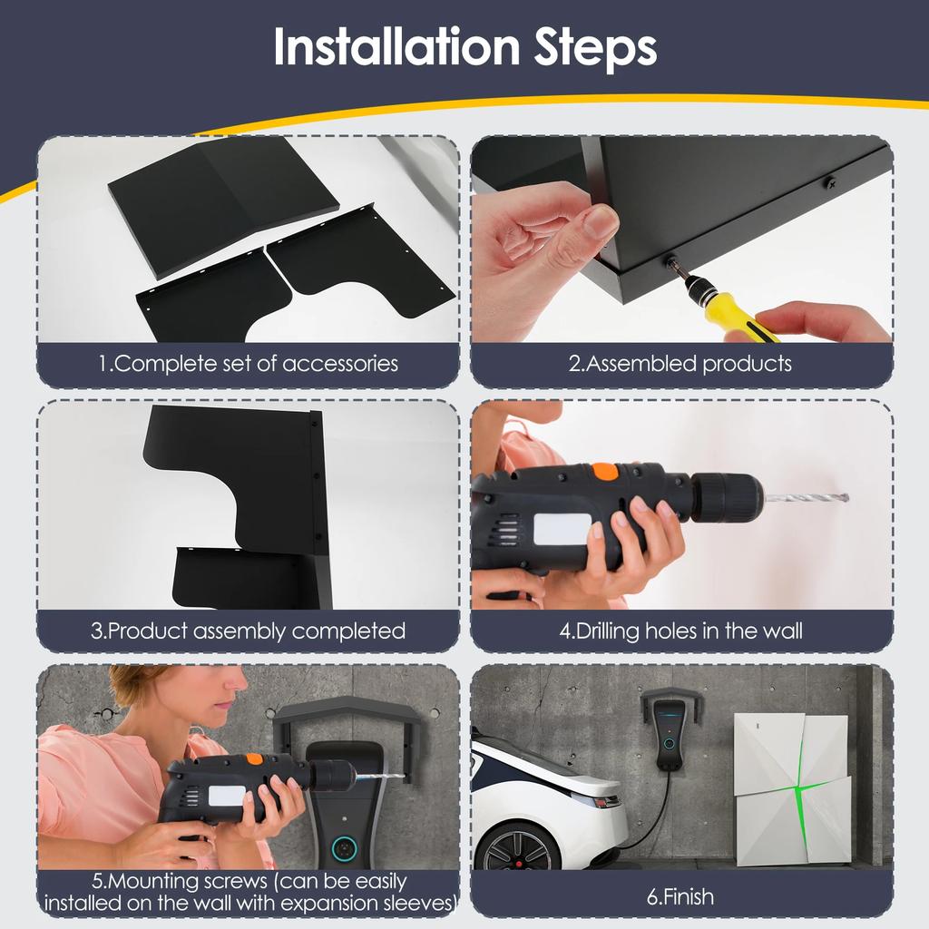 Housse de protection métallique pour chargeur de VE Toit de protection pour borne de recharge de véhicule électrique extérieur avec accessoires d'installation Noir