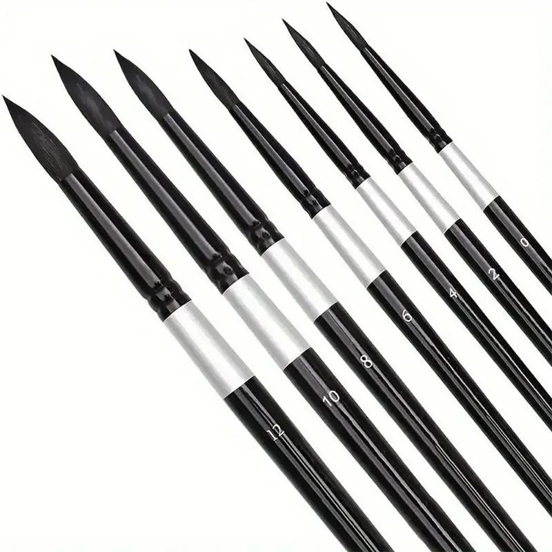 7Pcs Art Brush Set - Round/Pointed Tips For Gouache/H2O | Beginner Artist Kit W/Wood Handle (No Shed)