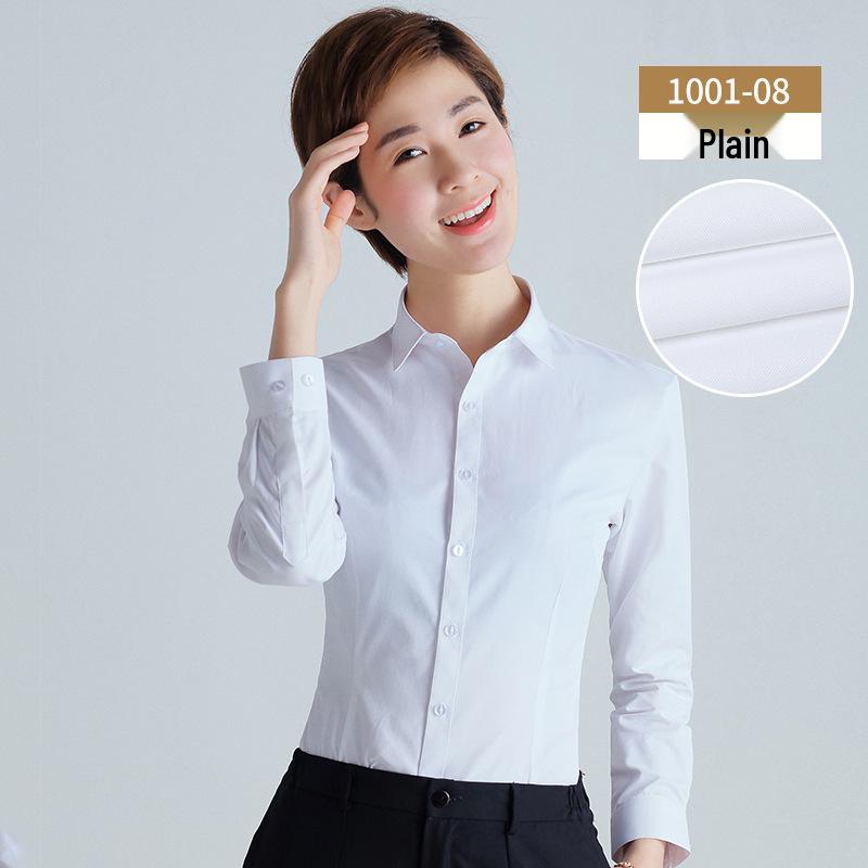 Women's 2025 Long-Sleeved White V-Neck Cotton Shirt - Slim Fit Professional Wear