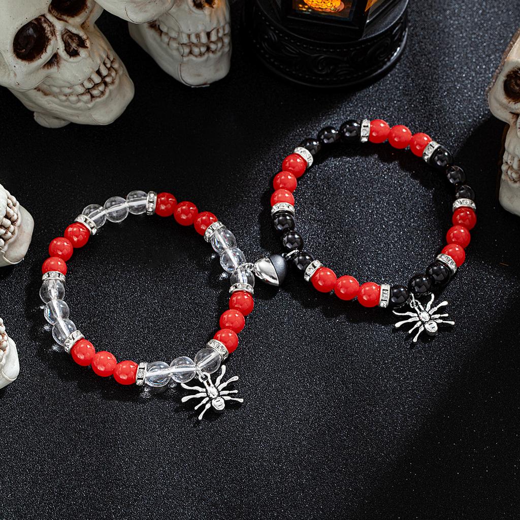2 Halloween spider pendants, red and black bead bracelets, couple style heart-shaped bracelets