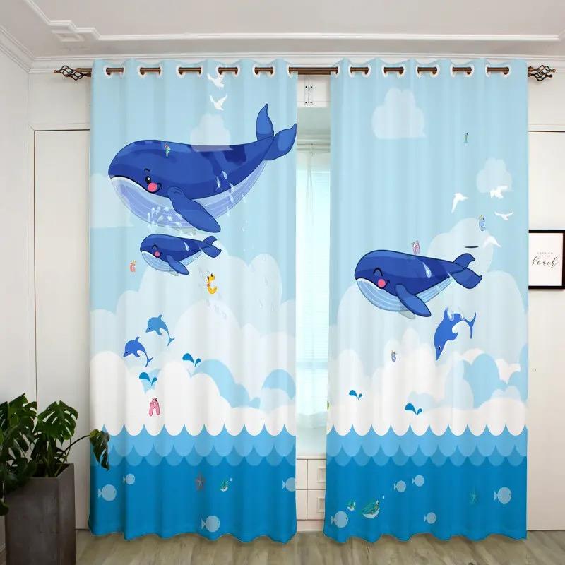 2 szt. Zasłony z motywem oceanu i wzorem ryb, dekoracyjne zasłony okienne z tunelem na karnisz, dekoracje okienne do sypialni, salonu, wystroju domu