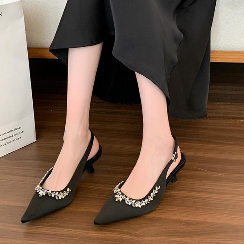Fashion Summer Balck Pointed Toe Buckle Strap Shoes Woman Office&career Thin Heels Flock Ladies Sandals Sexy Elegant Weeding Shoes Women