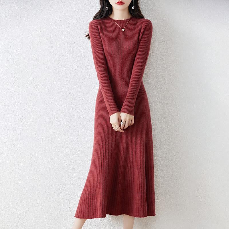 LYRIA New Women Mock Collar Dress 100% Merino Wool Pullover Skirt Autumn Winter Knitted Long Sweater Female Chic Fishtail Dress