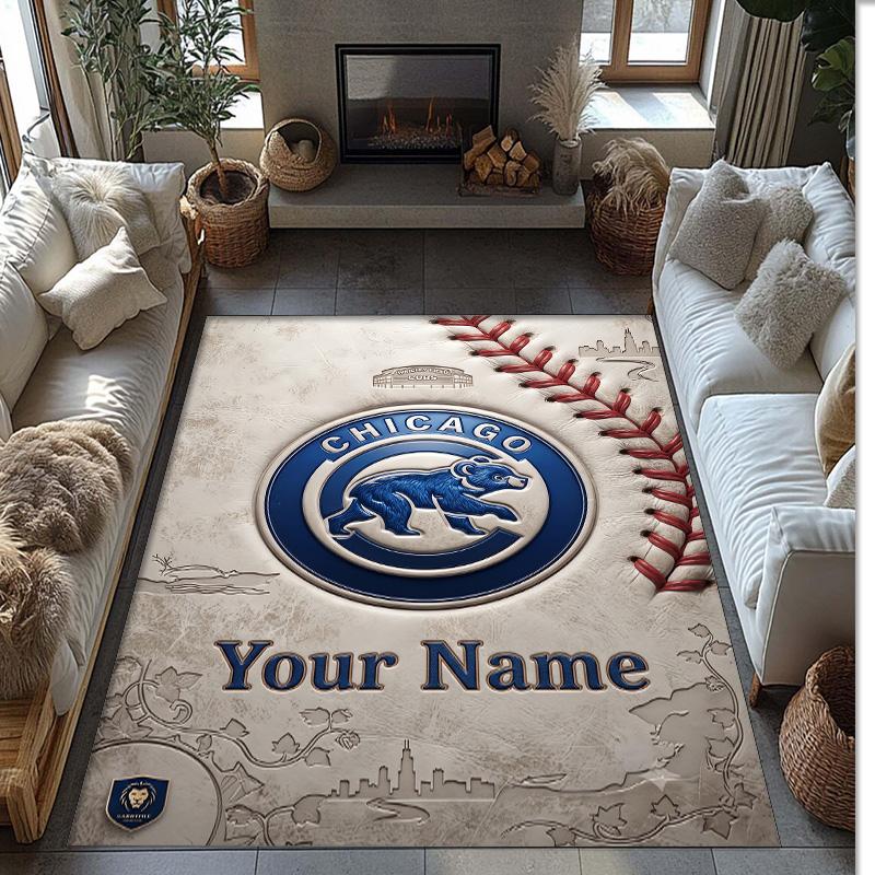 Chicago Cubs Crystal Velvet Rug, Custom Name Text Personalized Non‑Slip Floor Mat for Home Decor Gift