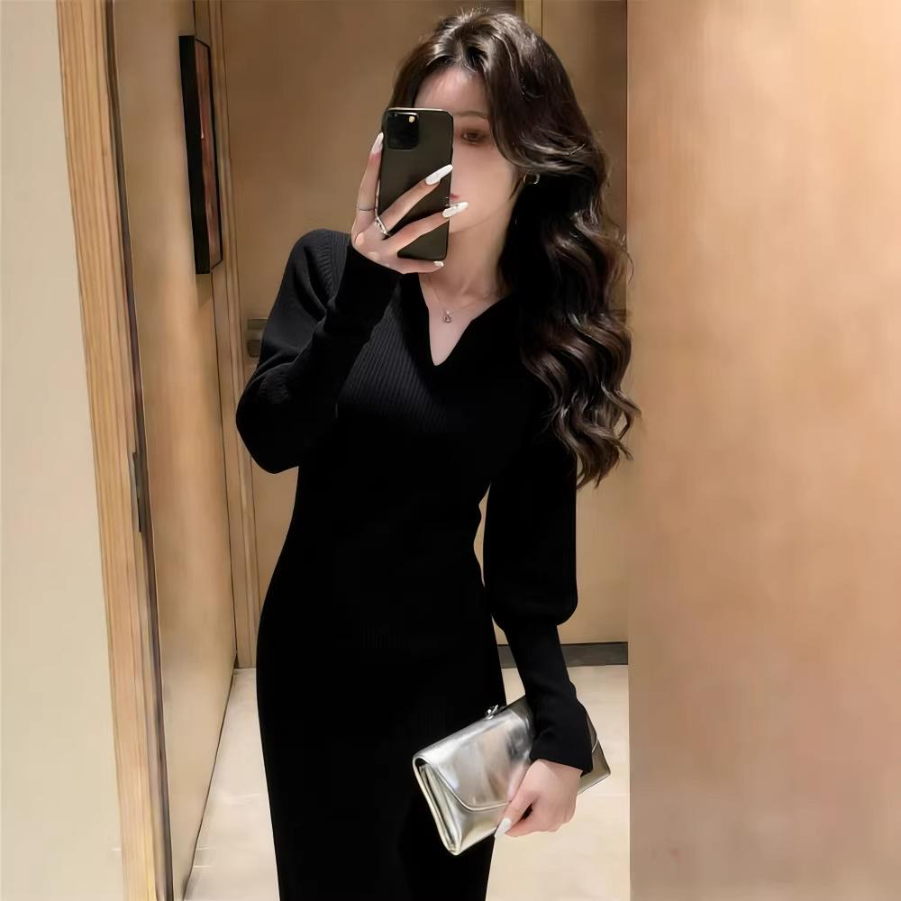 

European Style 2026 Red Knit Sweater Dress with Coat Layer for Women - Autumn/Winter Collection L чёрный