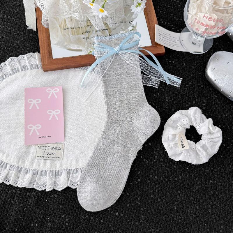 Cute Boneless Summer Thin Socks with Bow Ties. Children's Sweet Long Ribbons. Lolita Mid-calf Socks with Decorative Ties.