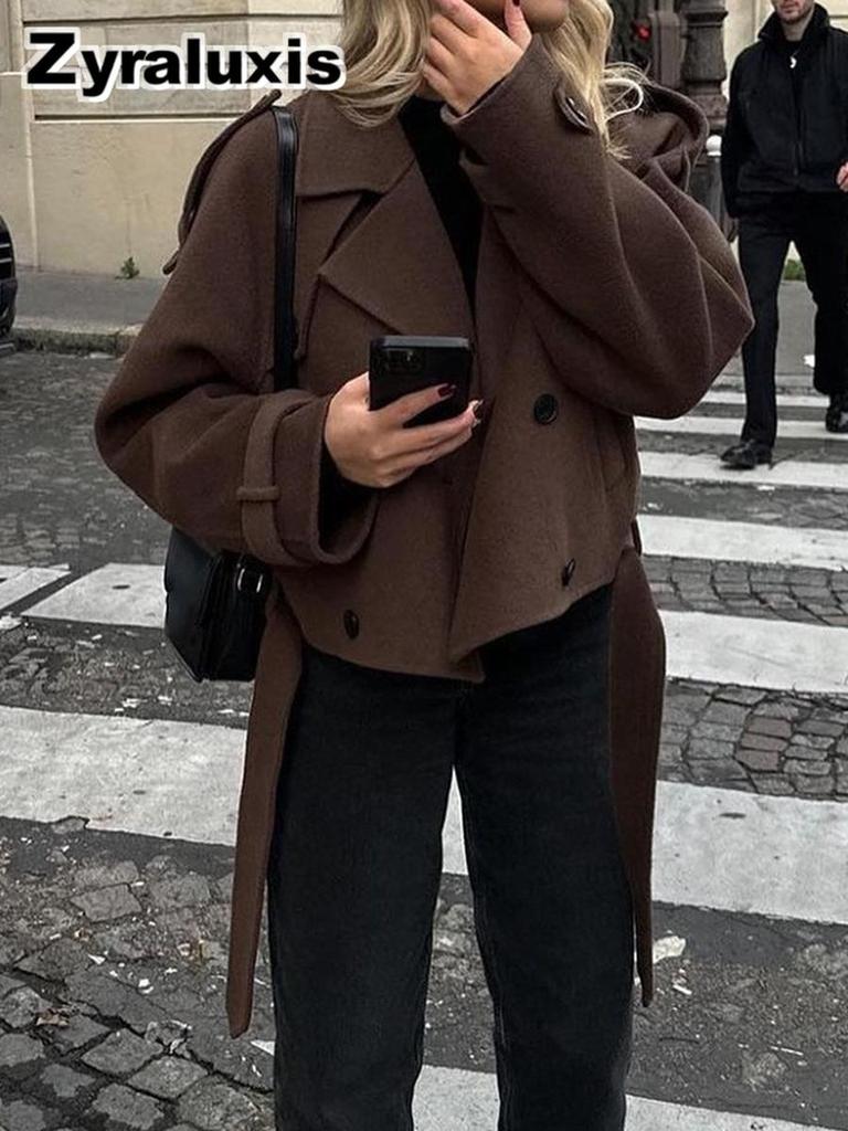 Women's Oversized Collar Woolen Short Belted Coat - Overcoat