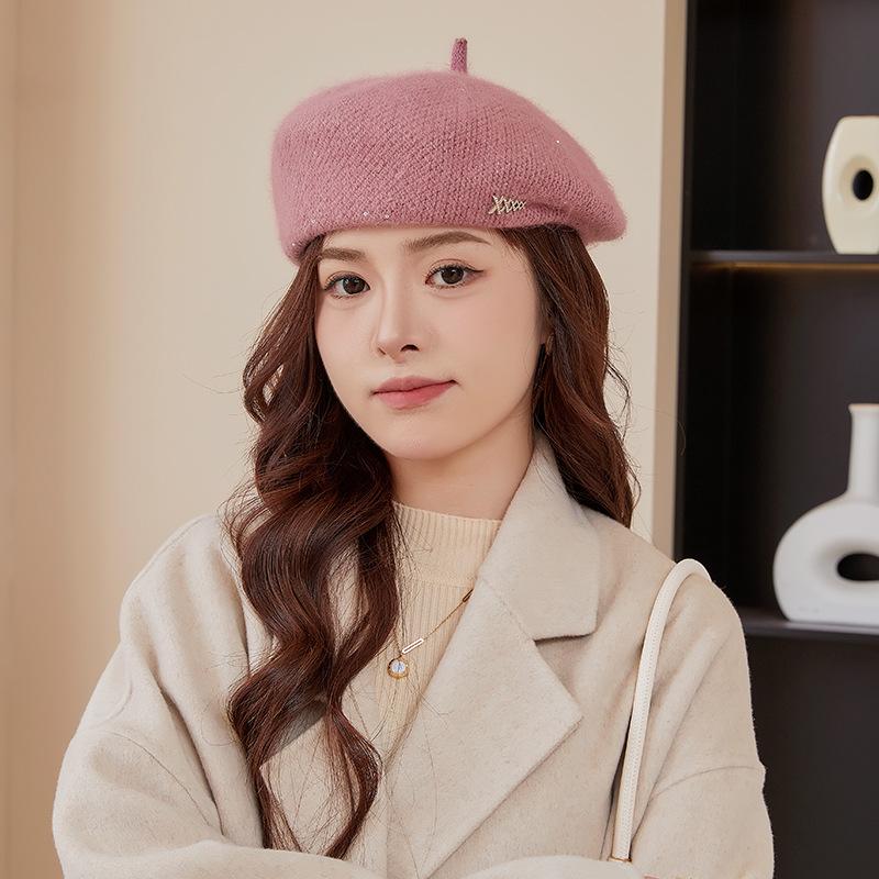 Beret Hat Women's Autumn and Winter Style Face Showing Little Painter's Hat Trendy New Large Head Circumference Rabbit Fur Knitted Newsboy Hat