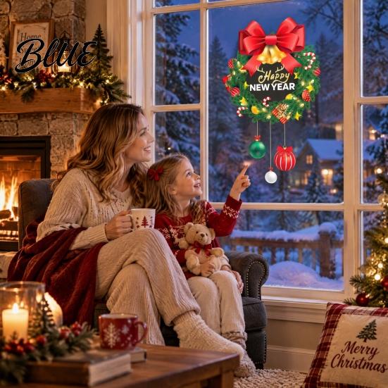 Winter Theme Glass Stickers Christmas Wreath Window Cling Reusable Static Sticker with Red Bow and Colorful Easy Install Ball Decor PVC Decal