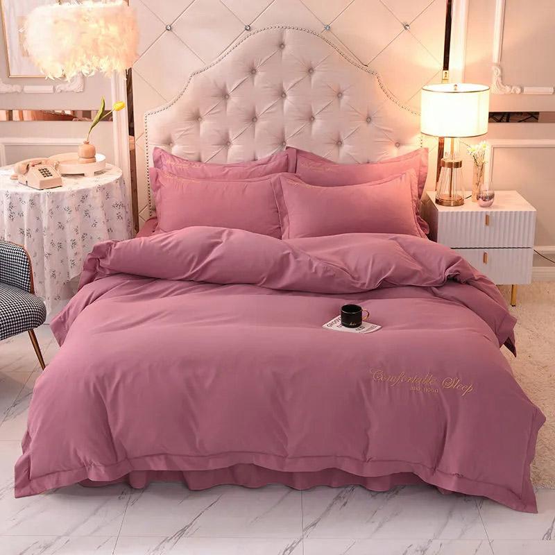 4pcs/set European-style Simple and Modern Solid Color Embroidered Quilt Bedding Bed Skirt Set Bedding Set Comfortable Soft Four-piece Set