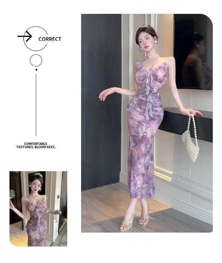 Elegant Slim-Fit V-Neck Mesh Print Camisole Dress