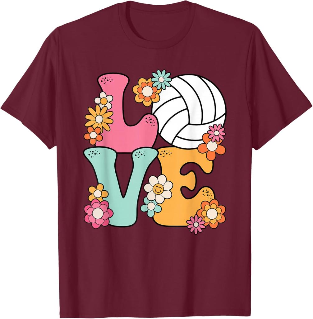Volleyball Love Retro Flowers Graphic Tee Women Girls Casual Short Sleeve T-Shirt