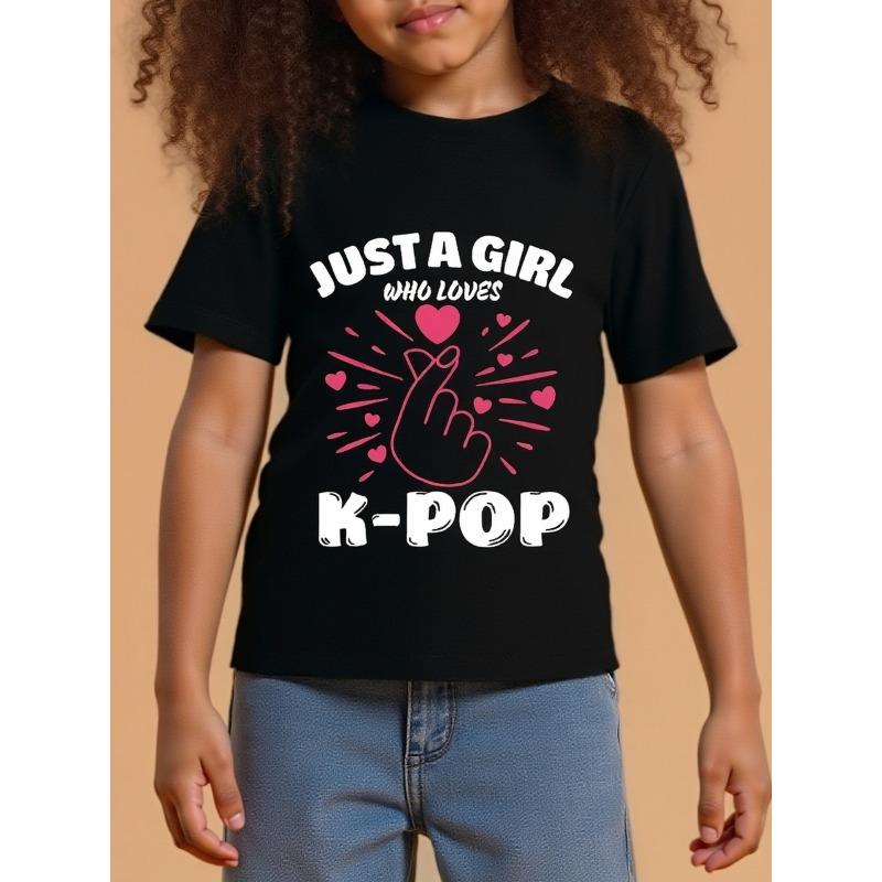 European Sizes A Girl Who Simply Loves K-Pop, This T-Shirt Features a Print of a Young Girl Doing a Heart Gesture