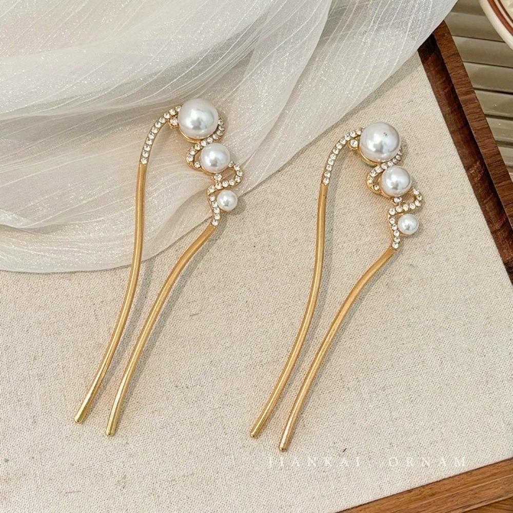1pc New Fashion U-shaped Metal Hair Clips Ladies Elegant Pearl Ponytail Hair Stick Simple Hairpin Headdress Hair Accessories