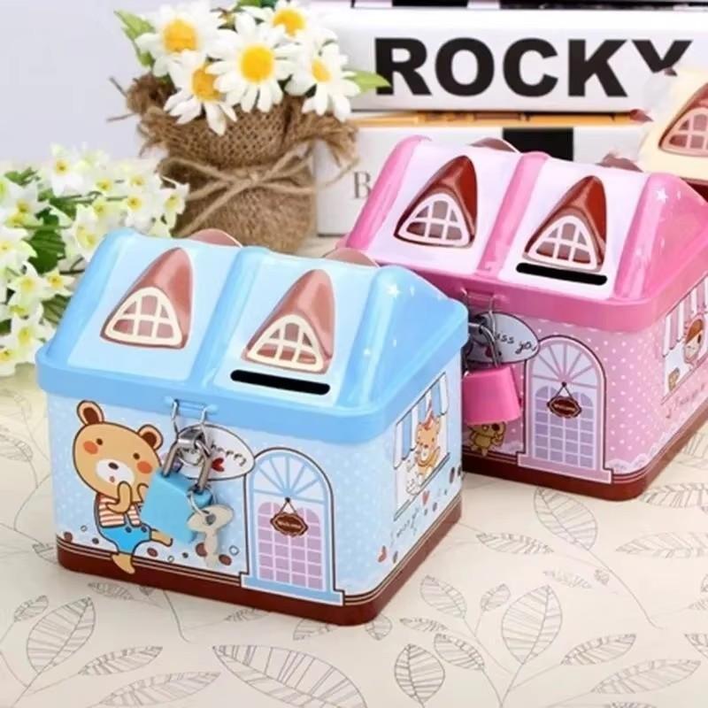 1Pc Cute Bear House Piggy Bank Box Mini Metal Bank Currency Coin Boxes For Children'S Savings Tank Birthday And Christmas Gifts