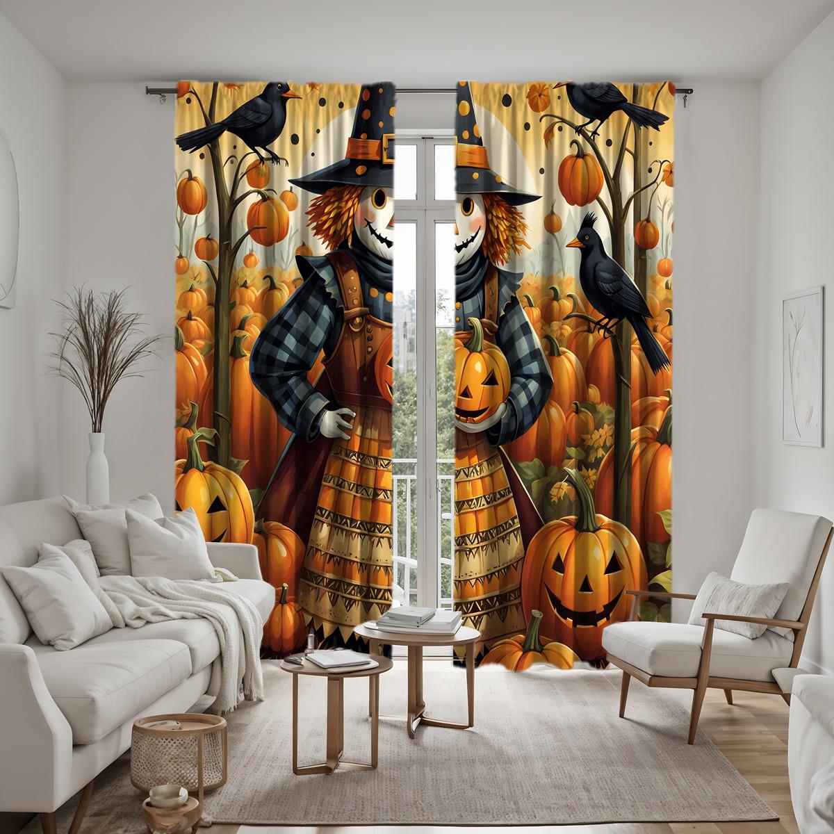 

Комплект из 2 предметов HD Хэллоуин тыква нашивка пугало декоративная занавеска Желтая завязка цифровая печать занавеска украшение дома стиль Декабрь W52H63inchW132H160cm