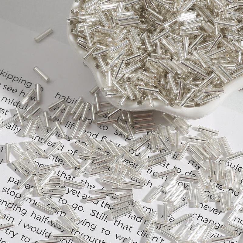 Silver-Filled 2x7mm Rice Tube Glass Beads for Handmade DIY Jewelry and Clothing Accessories