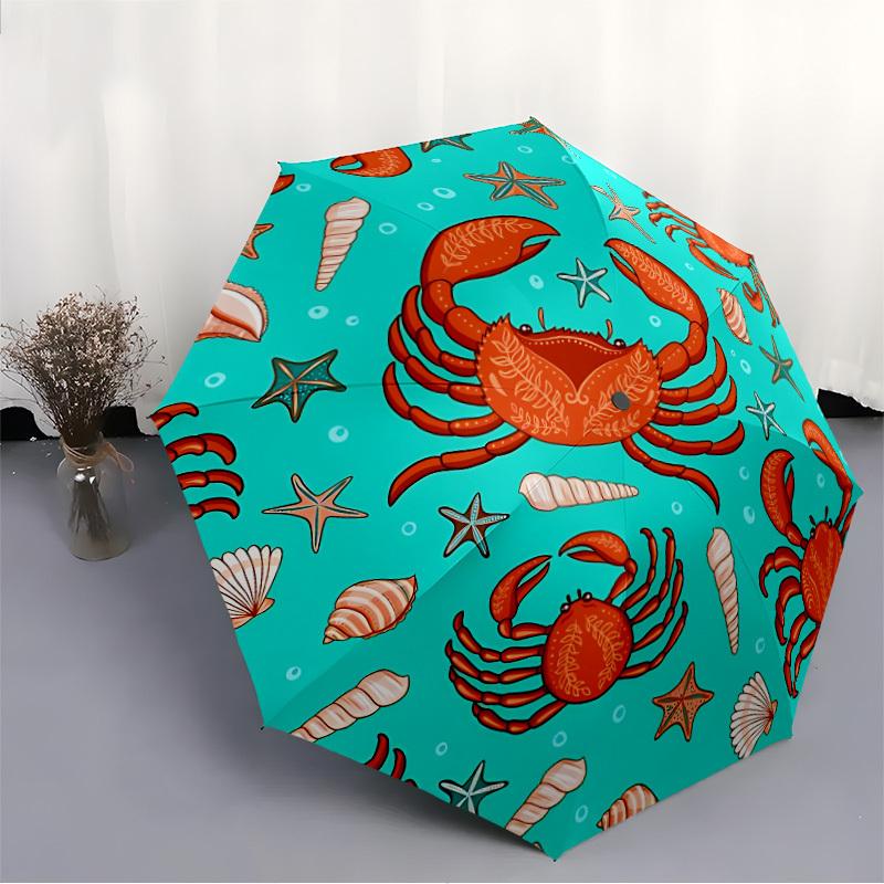 1pc Crab-patterned fabric Automatic Folding Umbrella, Portable & Foldable Design with 8 Ribs, Casual Outdoor Accessory yy250805154