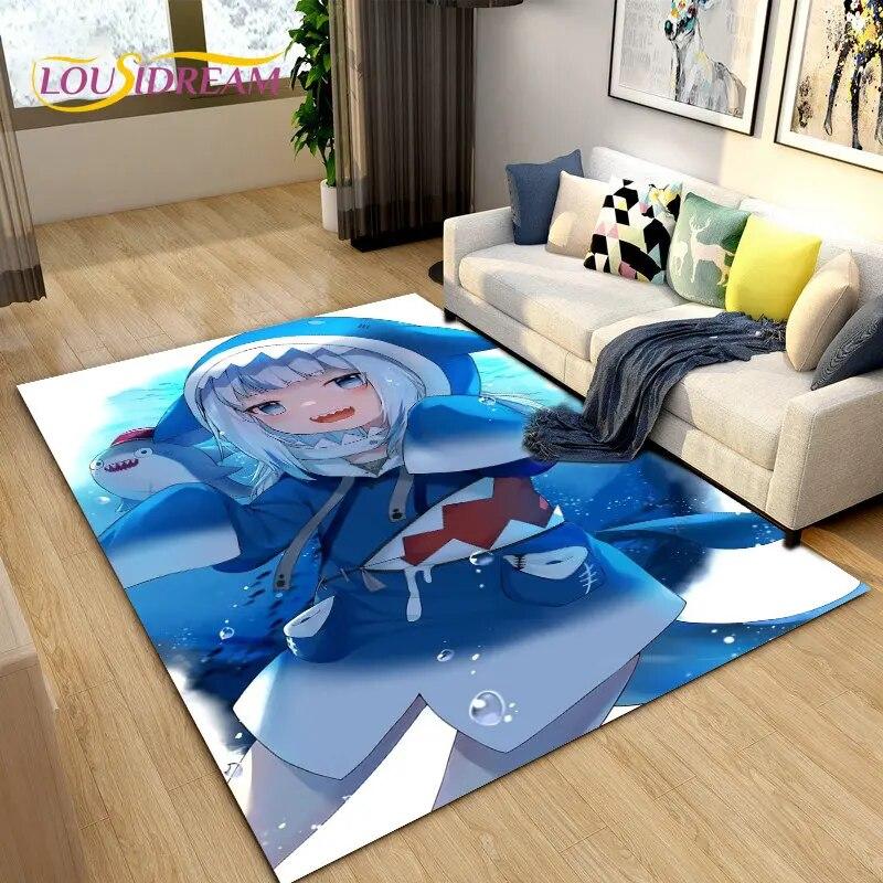 Cute Anime Gawr Gura Hololive Shark Area Rug,Carpet Rug for Living Room Bedroom Sofa Doormat Decoration, Kids Non-slip Floor Mat