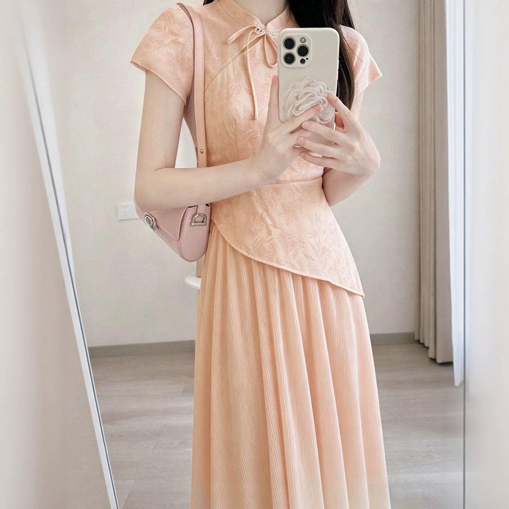 [Spot] Early Summer American Style Dress, New Chinese Style Retro Improved Cheongsam Waist Temperament Dress