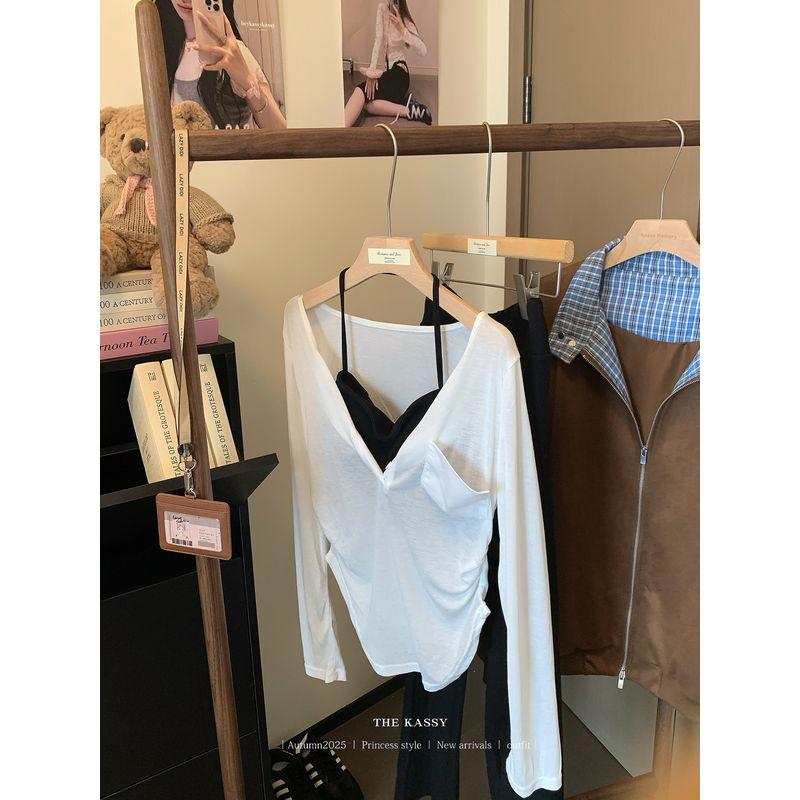 Kumikumi Temperament Half-Open Collar Long sleeves Shirt Inner wear Halter Top Women Autumn Slimming Casual Pants Three-Piece Set