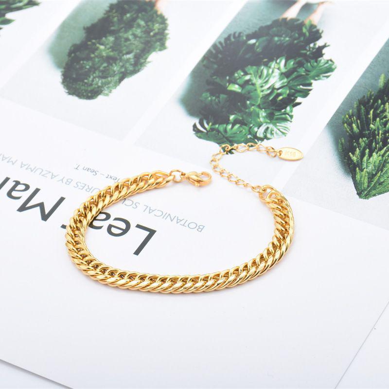 High-End Women's Fashion Woven Bracelet with Double Buckle, Square Chain, and Plain Chain in Gold Stainless Steel