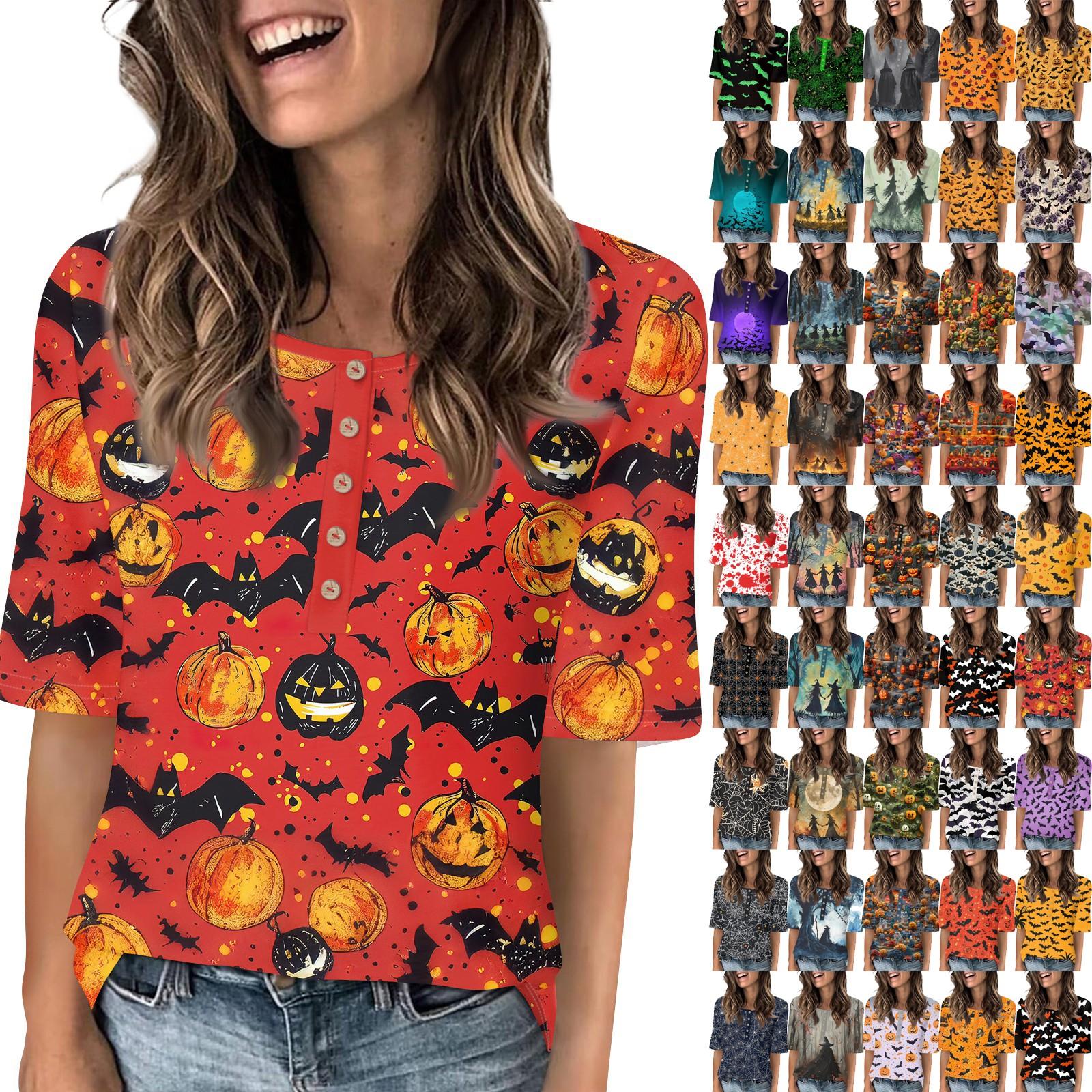 

Рубашки для женщин Модные футболки с круглым вырезом и пуговицами Повседневные футболки с принтом на Хэллоуин Летние футболки Футболка Блузка Топы с коротким рукавом для женщин XL