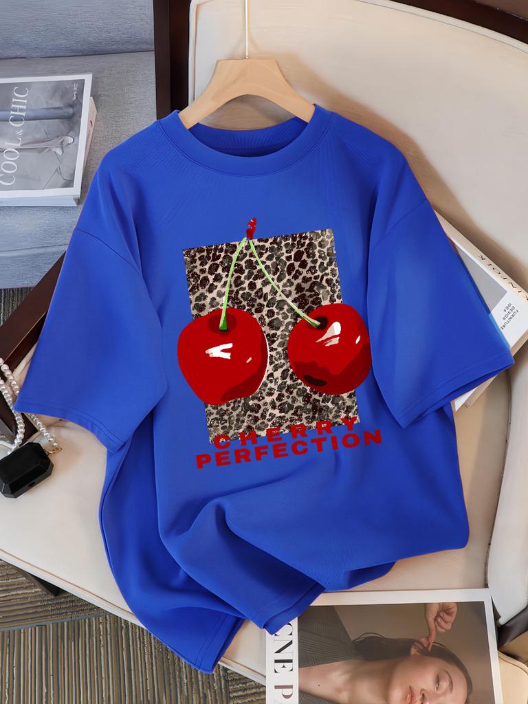Fashion Leopard And Cherry Perfection Pattern T Shirt Women Summer Soft Tops Cotton All-Match Short Sleeve O-Neck Loose T-Shirts