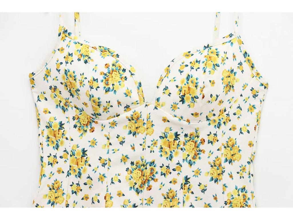 2025 European & American V-Neck Backless Floral Sling Dress with Bow