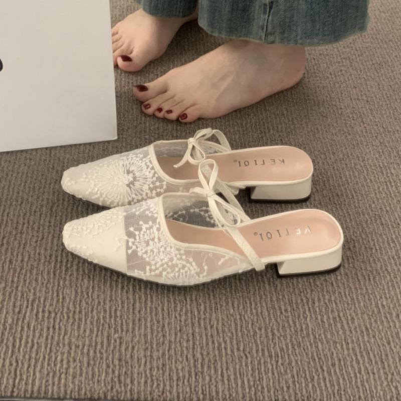 Fashion Bow Women Slippers Heeled Sandals Pointed Toe Mesh Mules Shoes Woman 2025 Trend Summer Elegant Dress Loafers Shallow Sandalias