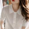 Women's White POLO Collar Knitted T-shirt Summer Loose Ice Silk T-shirt Hollowed Out Knitted Top