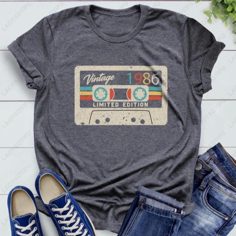 Vintage 1986 Audio Tape Street Fashion Cotton Shirt Retro Birthday Gift Men Women Classic Oneck Printed Unisex Tops Ropa Mujer