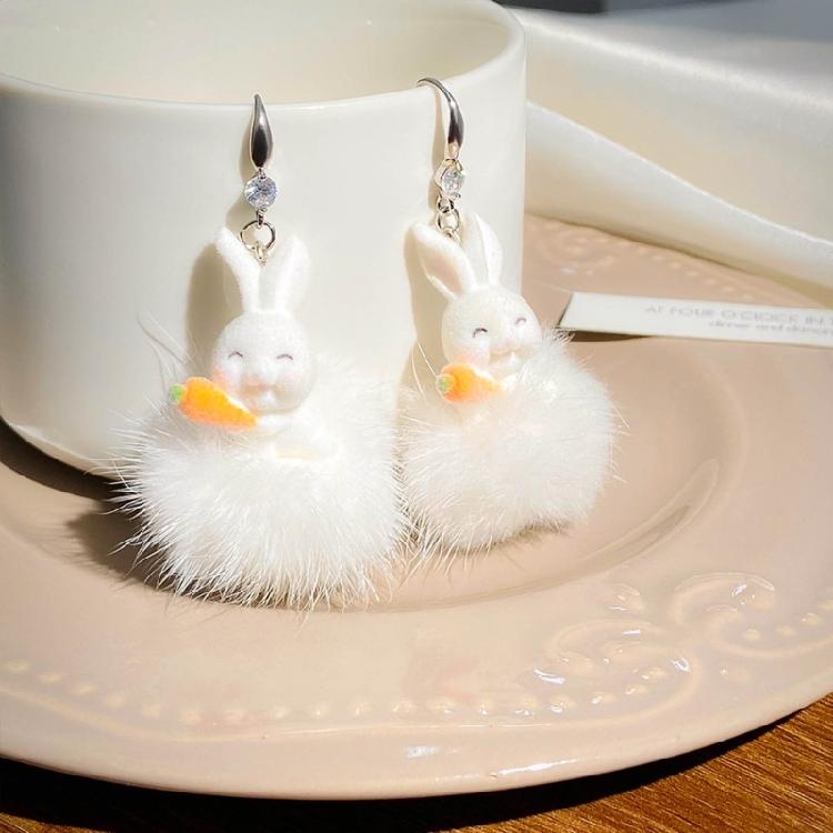 Fashionable Animal Earring White Plush Rabbit Pendant Earrings Women Girls Gift