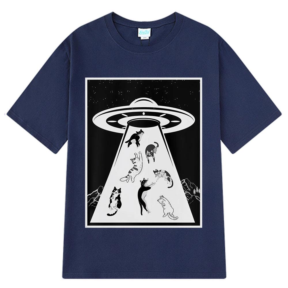 Funny UFO Cat Alien Abduction Cats  Novelty Graphic Tees Men Women Vintage T-shirt Short-sleeved Cotton Fashion Casual T-shirts