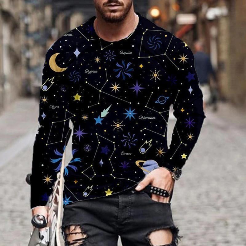 Round Neck 3D Creativity Printed Top Casual Long Sleeved Men's T-shirts - Soft Medium Stretch Polyester Fabric Spring and Autumn Relaxed Fit Clothing