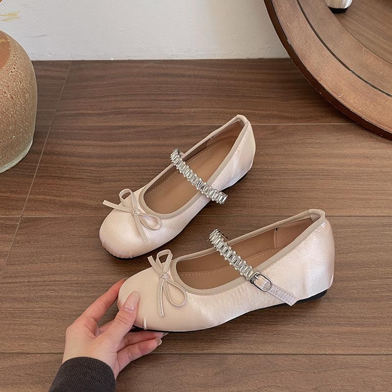 Silver Mary Jane Ballet Flats for Women Slip-On Shoes Rhinestone Ankle Strap Bow Detail Comfortable Wedges Casual Pumps Size 35 35 розовый 3600₽