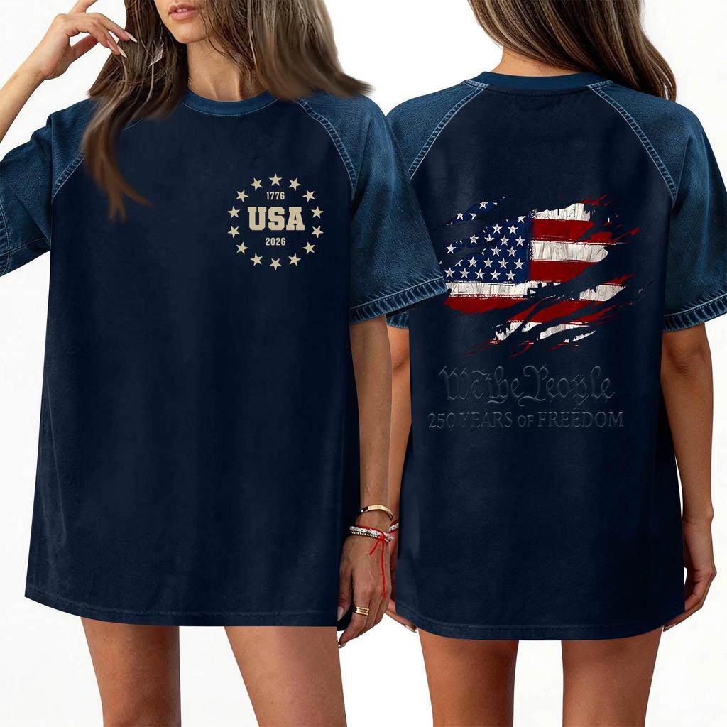 Denim Patchwork Shirts For Women Stand Collar Casual Blouse Short Sleeve Comfy Tshirt Spring Summer Fashion