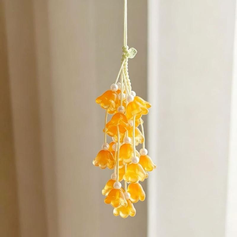 Floral Charm Strap Keychain for Bags and Phones, Valley Flower Hanging Style with Translucent Flower Drops and Bead Details