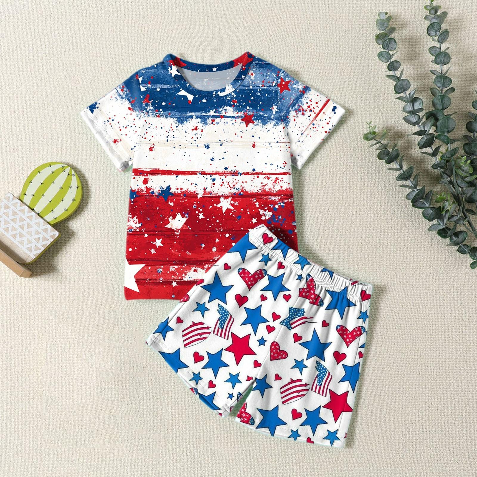 

Мода для мальчиков девочек Повседневный комплект ко Дню независимости: футболка с круглым вырезом и короткими рукавами, шорты 130 винный