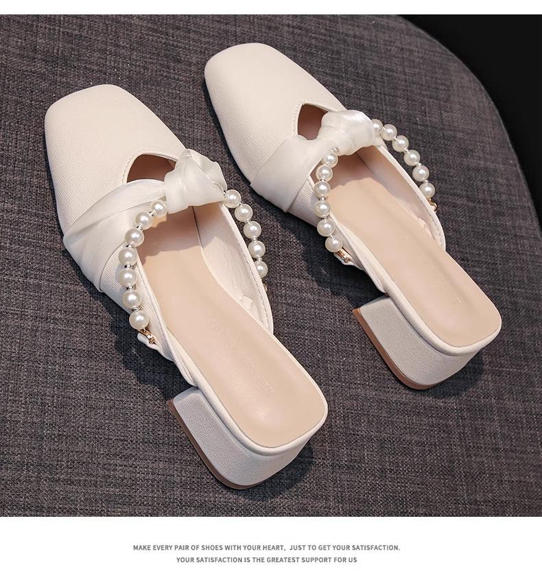 

Женские полутапочки baotou в французском стиле с жемчугом 2025 года, весна-лето, новые высокие каблуки, толстый каблук, средний каблук, ленивая верхняя одежда 40 абрикосовый