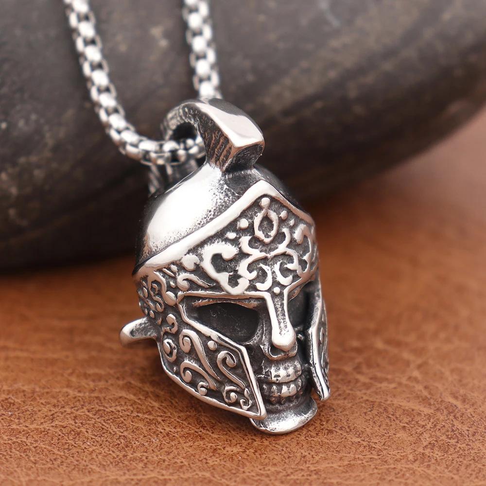 Spartan Helmet Skull Pendant Necklace Stainless Steel Gothic Punk Jewelry Halloween Gift for Men Women Adjustable Biker Chain